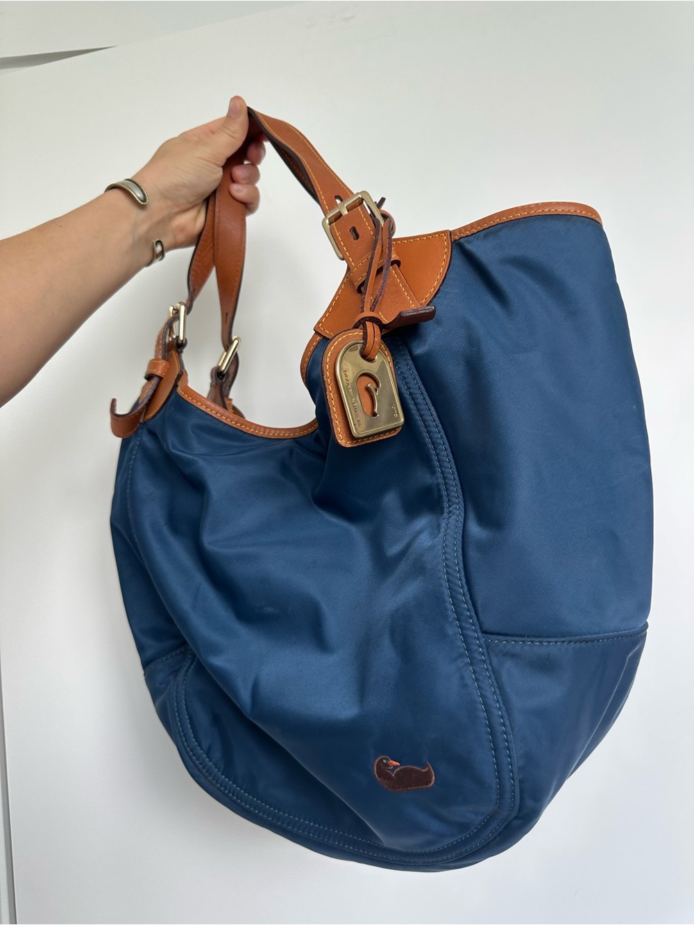 Dooney & Bourke Navy with Tan Leather Shoulder Hobo - Picture 3 of 12